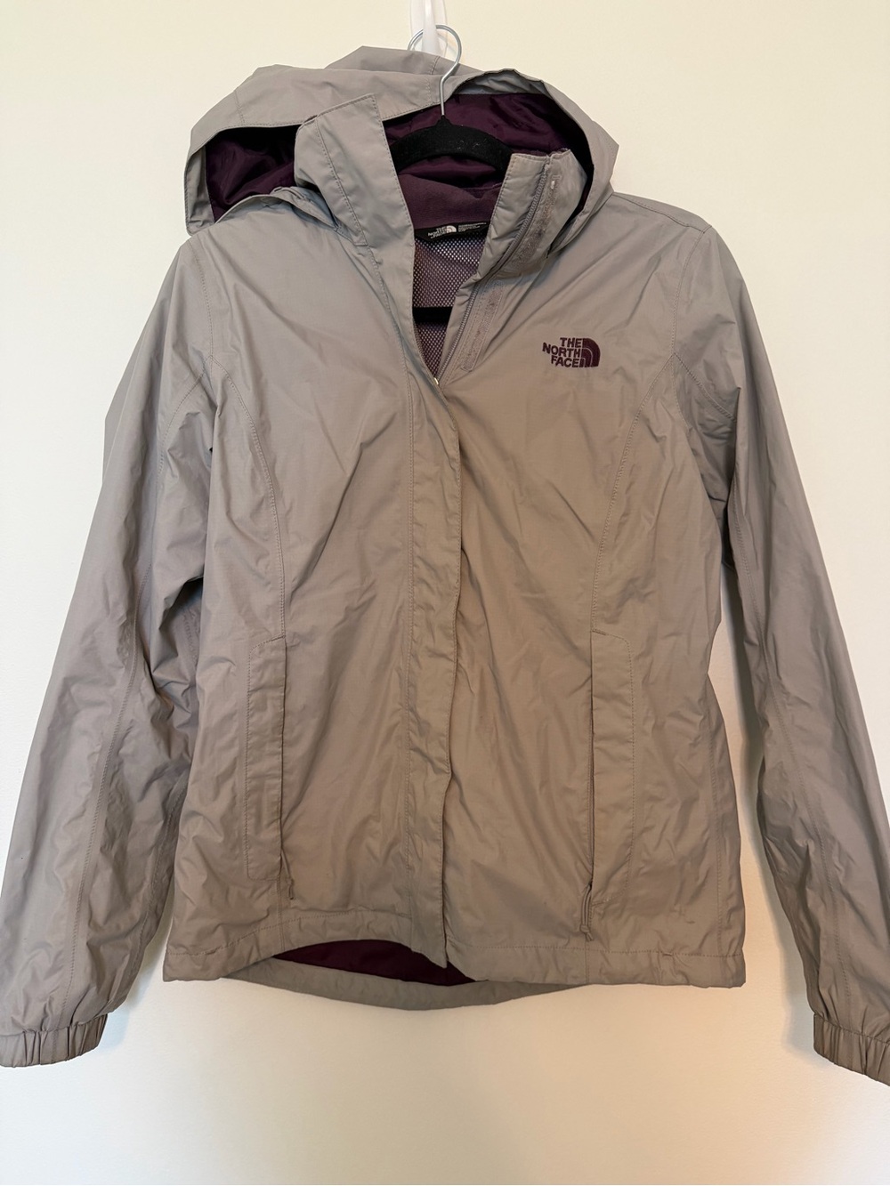 The North Face Women's Light Gray Hooded Rain Jacket with Plum Lining